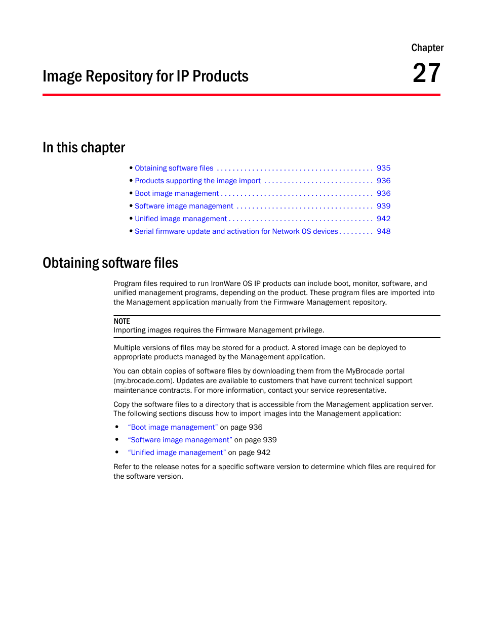 Image repository for ip products, Obtaining software files, Chapter 27 | Chapter 27, “image repository for ip products | Brocade Network Advisor IP User Manual v12.3.0 User Manual | Page 987 / 1928