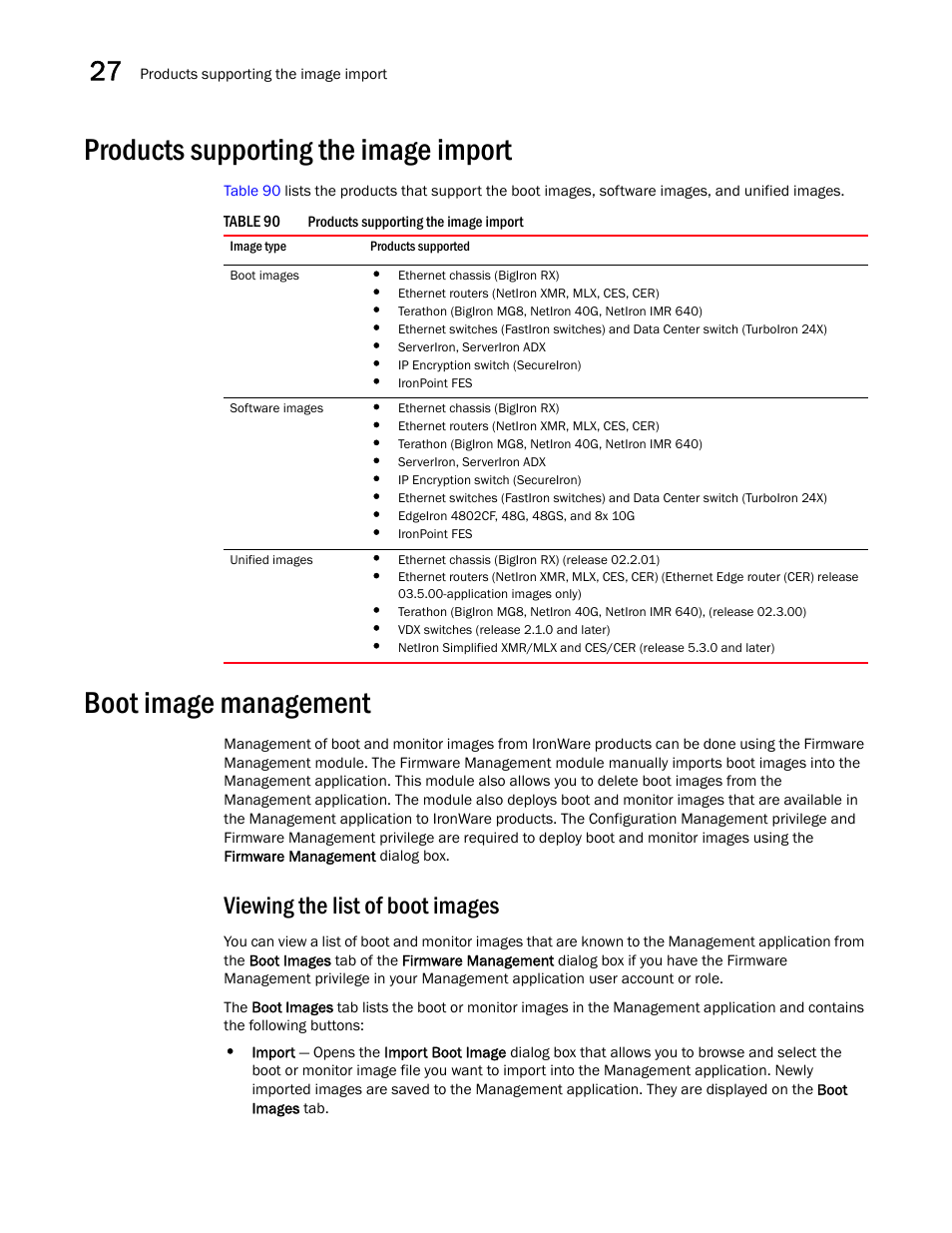 Products supporting the image import, Boot image management, Viewing the list of boot images | Brocade Network Advisor IP User Manual v12.3.0 User Manual | Page 988 / 1928