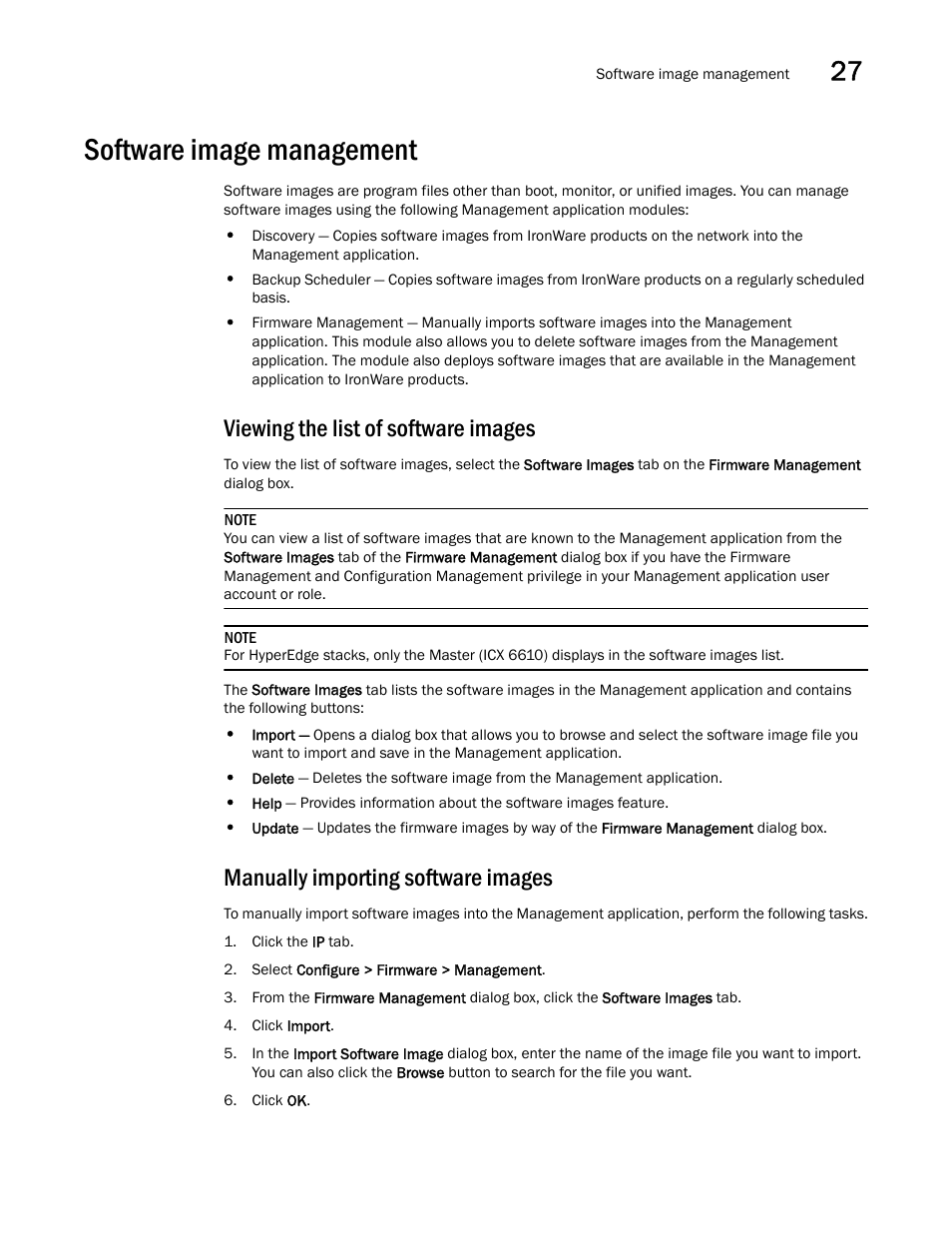 Software image management, Viewing the list of software images, Manually importing software images | Brocade Network Advisor IP User Manual v12.3.0 User Manual | Page 991 / 1928