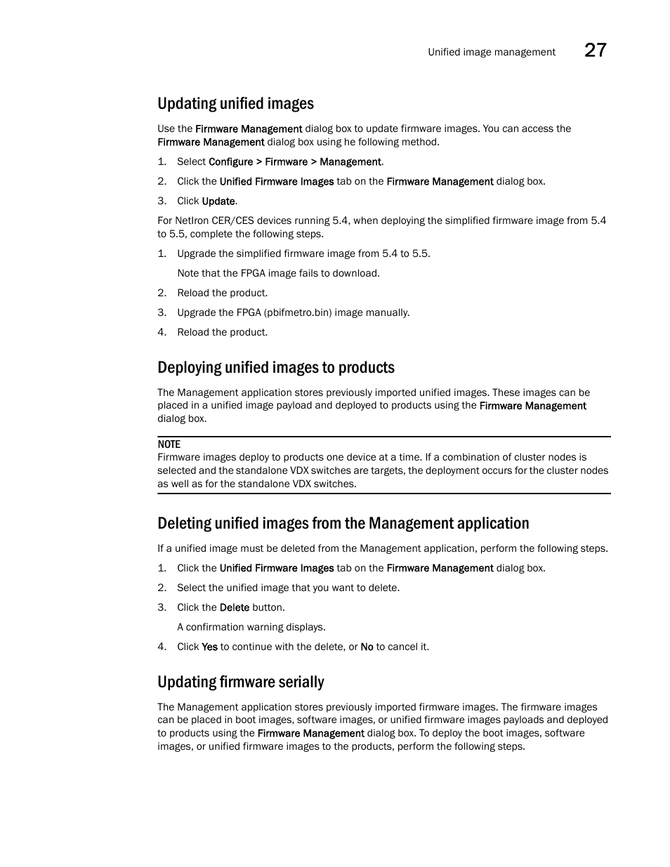 Updating unified images, Deploying unified images to products, Updating firmware serially | Brocade Network Advisor IP User Manual v12.3.0 User Manual | Page 997 / 1928