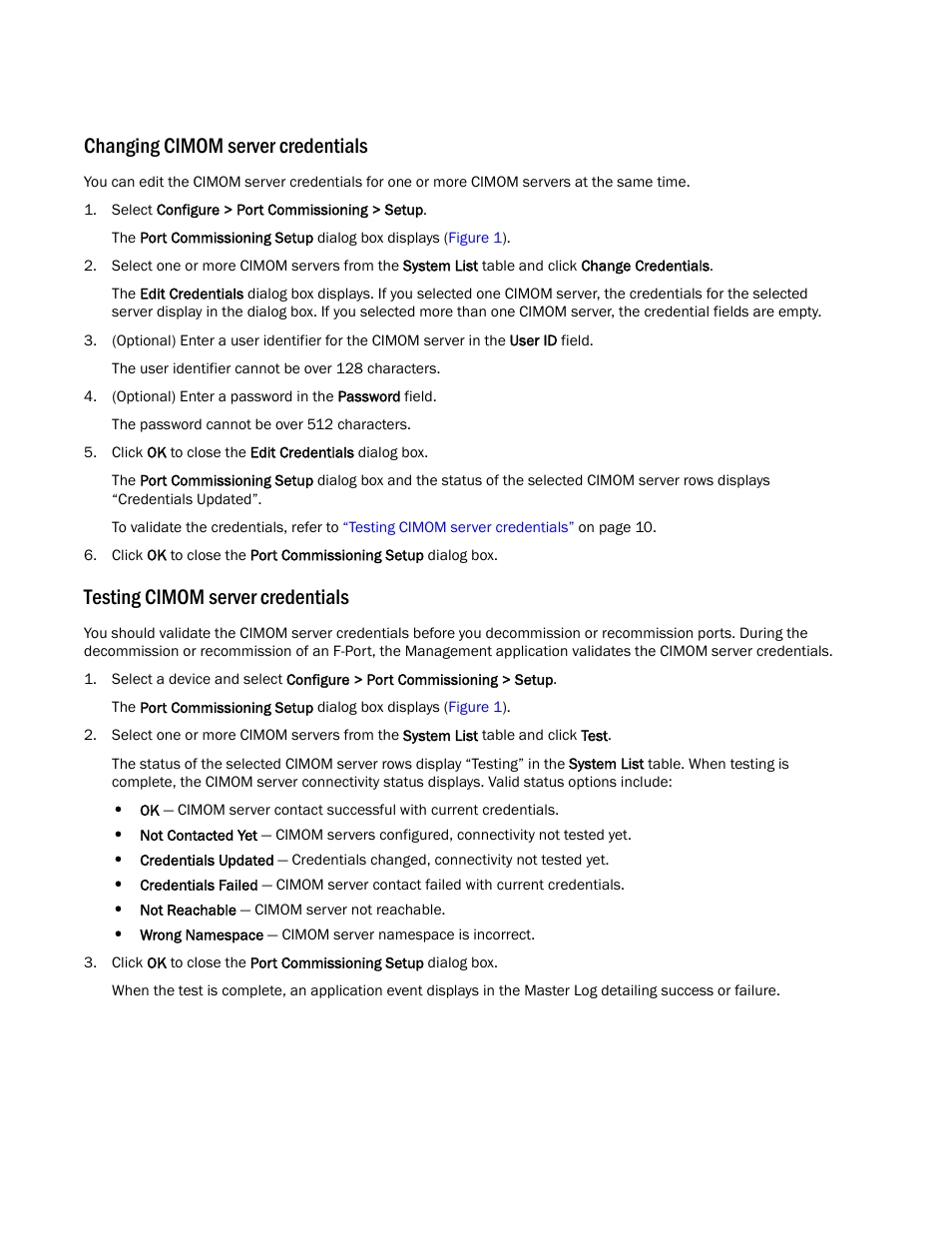 Changing cimom server credentials, Testing cimom server credentials | Brocade Network Advisor Port Commissioning Quick Start Guide (Supporting Network Advisor 12.3.0) User Manual | Page 10 / 21