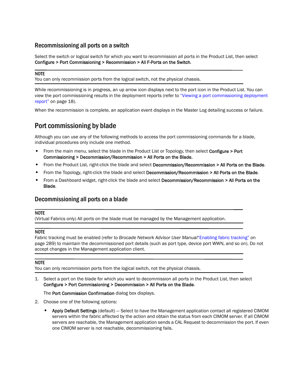 Recommissioning all ports on a switch, Port commissioning by blade, Decommissioning all ports on a blade | Brocade Network Advisor Port Commissioning Quick Start Guide (Supporting Network Advisor 12.3.0) User Manual | Page 15 / 21