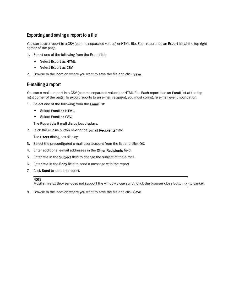 Exporting and saving a report to a file, E-mailing a report | Brocade Network Advisor Port Commissioning Quick Start Guide (Supporting Network Advisor 12.3.0) User Manual | Page 19 / 21