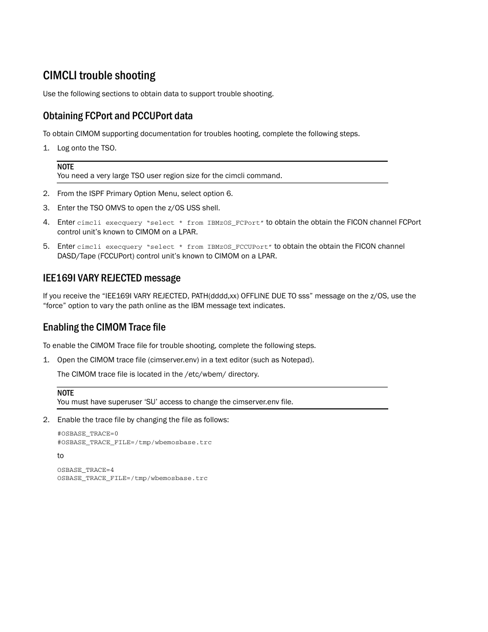 Cimcli trouble shooting, Obtaining fcport and pccuport data, Iee169i vary rejected message | Enabling the cimom trace file | Brocade Network Advisor Port Commissioning Quick Start Guide (Supporting Network Advisor 12.3.0) User Manual | Page 20 / 21