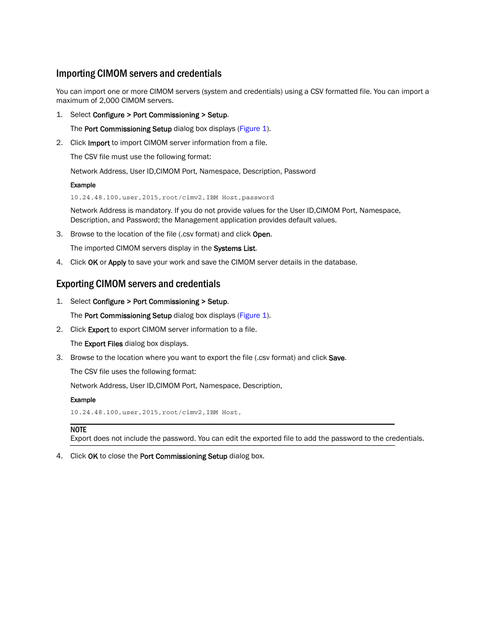 Importing cimom servers and credentials, Exporting cimom servers and credentials | Brocade Network Advisor Port Commissioning Quick Start Guide (Supporting Network Advisor 12.3.0) User Manual | Page 9 / 21