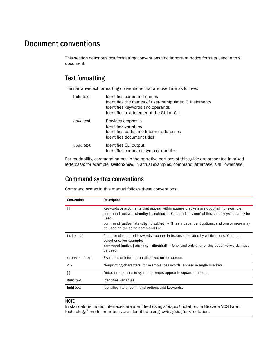 Document conventions, Text formatting, Command syntax conventions | Brocade Network Advisor REST API Guide (Supporting Network Advisor 12.3.0) User Manual | Page 10 / 190