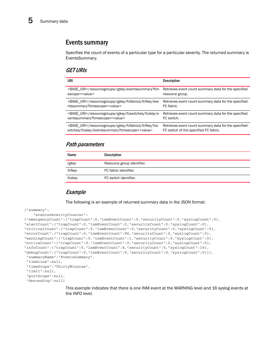 Events summary, Get uris path parameters example | Brocade Network Advisor REST API Guide (Supporting Network Advisor 12.3.0) User Manual | Page 100 / 190