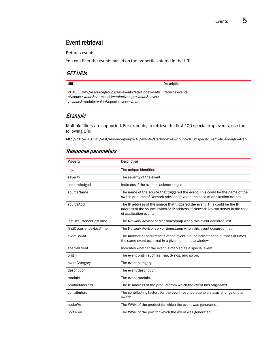 Event retrieval, Get uris example, Response parameters | Brocade Network Advisor REST API Guide (Supporting Network Advisor 12.3.0) User Manual | Page 129 / 190