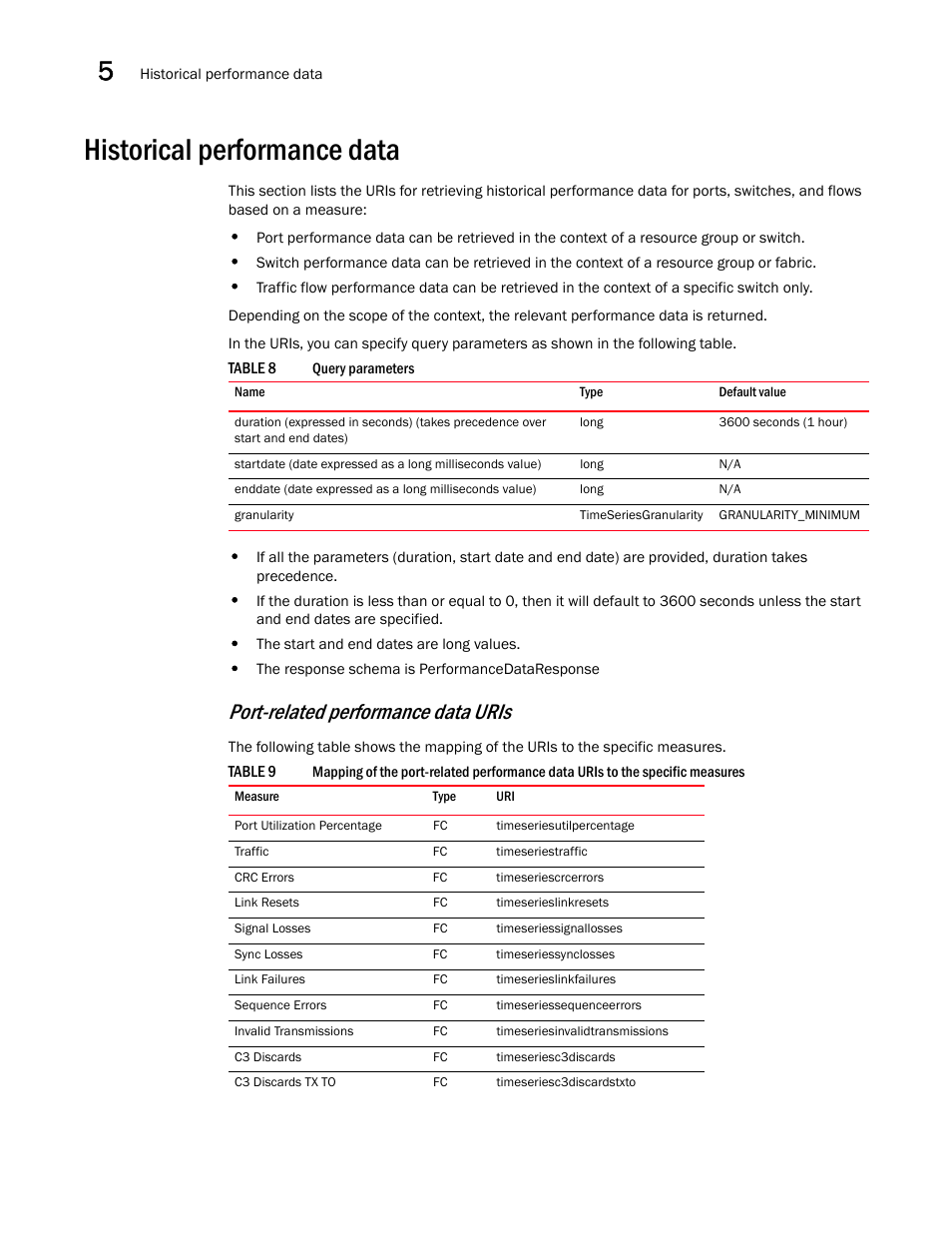 Historical performance data, Port-related performance data uris | Brocade Network Advisor REST API Guide (Supporting Network Advisor 12.3.0) User Manual | Page 148 / 190