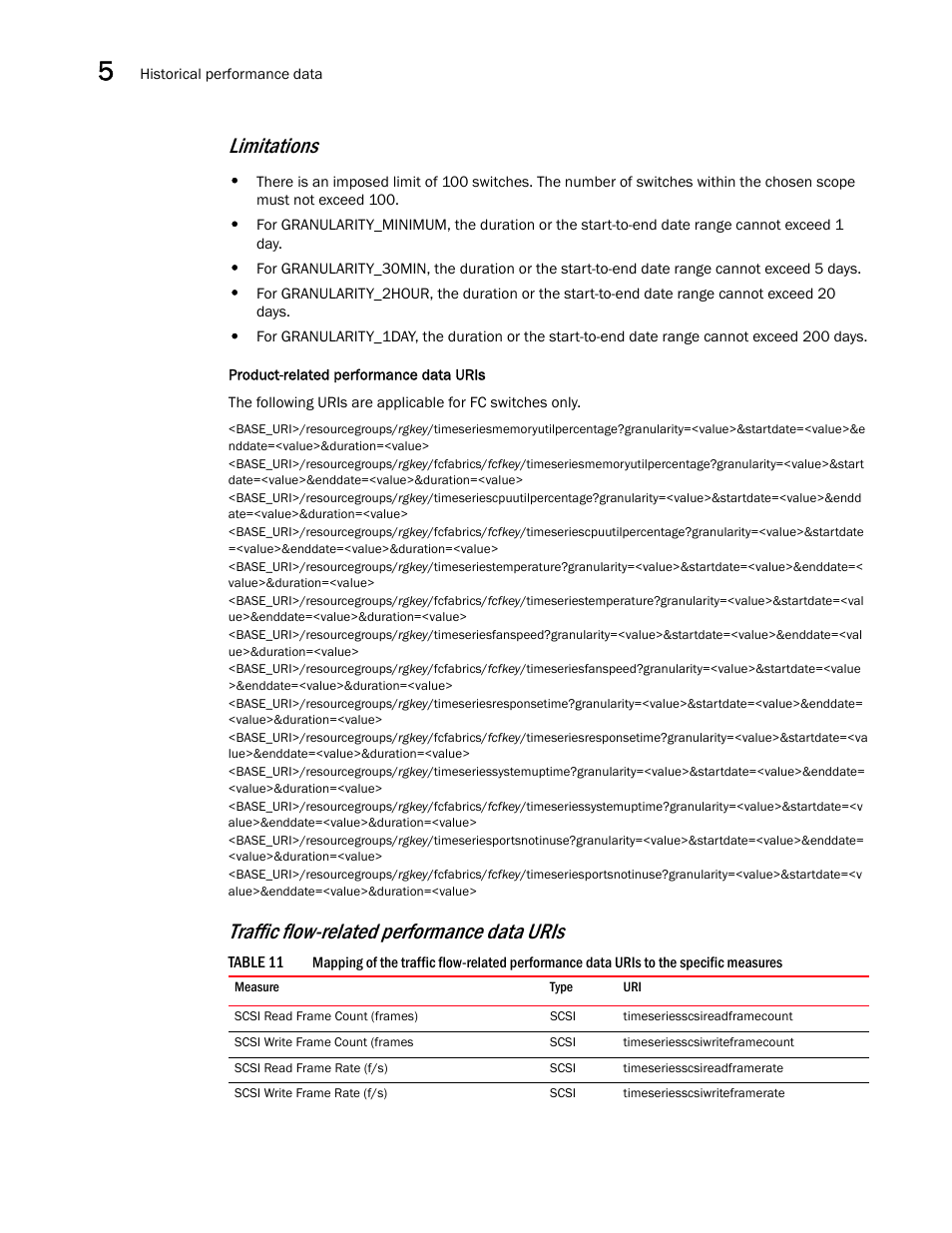 Limitations, Traffic flow-related performance data uris | Brocade Network Advisor REST API Guide (Supporting Network Advisor 12.3.0) User Manual | Page 154 / 190