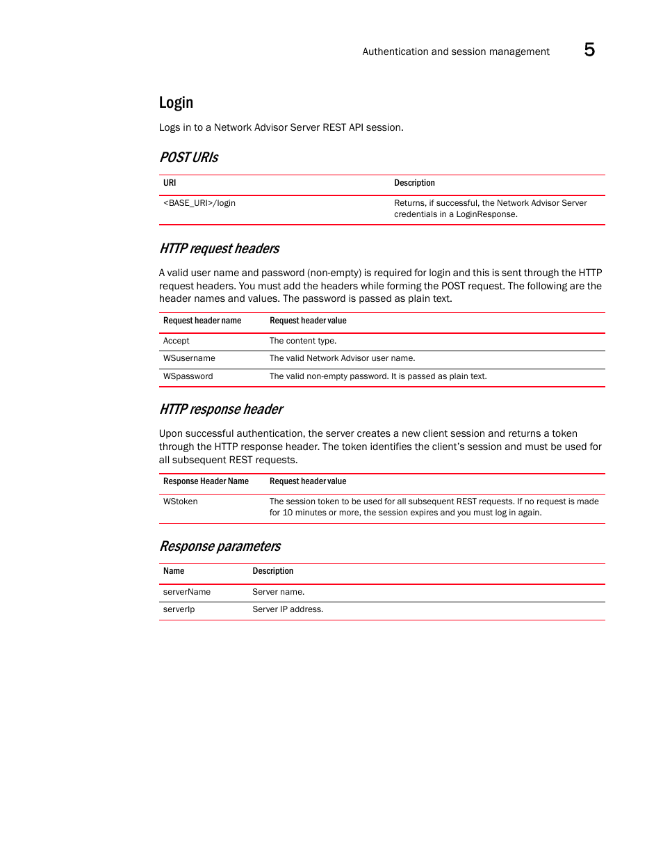 Login, Response parameters | Brocade Network Advisor REST API Guide (Supporting Network Advisor 12.3.0) User Manual | Page 159 / 190