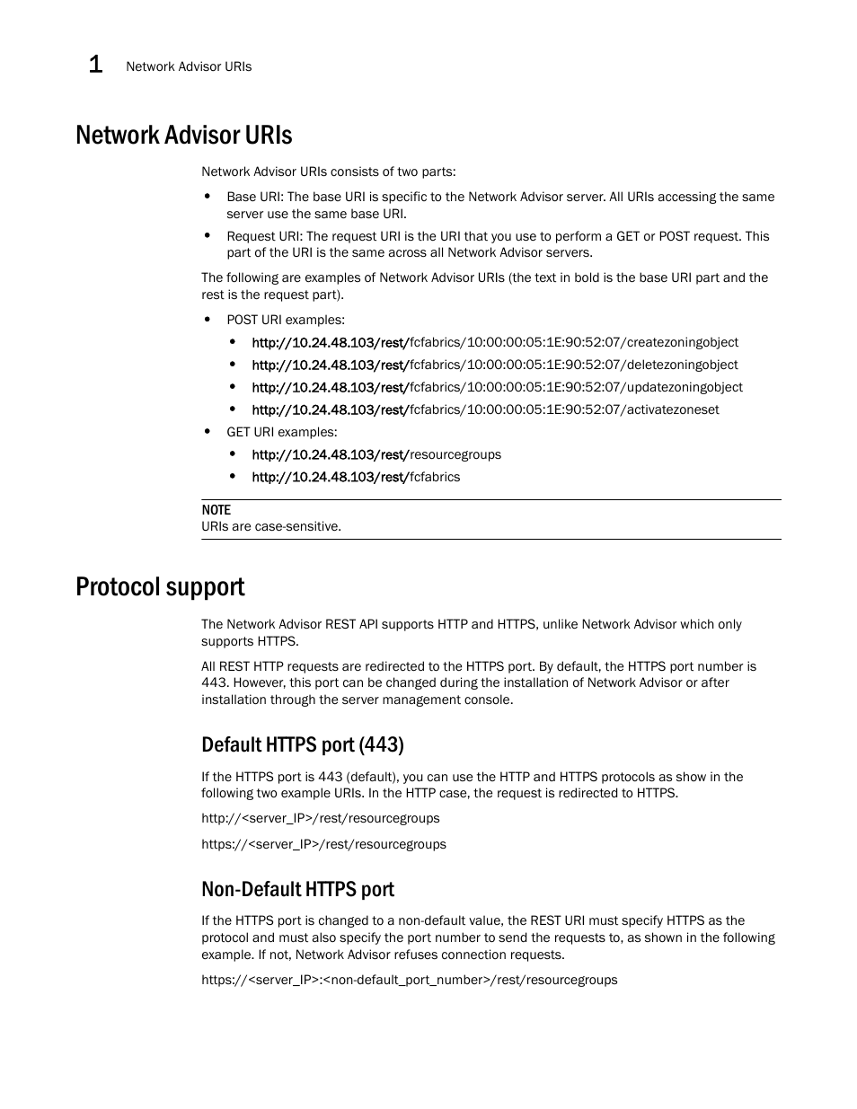 Network advisor uris, Protocol support, Default https port (443) | Non-default https port, Default https port (443) non-default https port | Brocade Network Advisor REST API Guide (Supporting Network Advisor 12.3.0) User Manual | Page 16 / 190