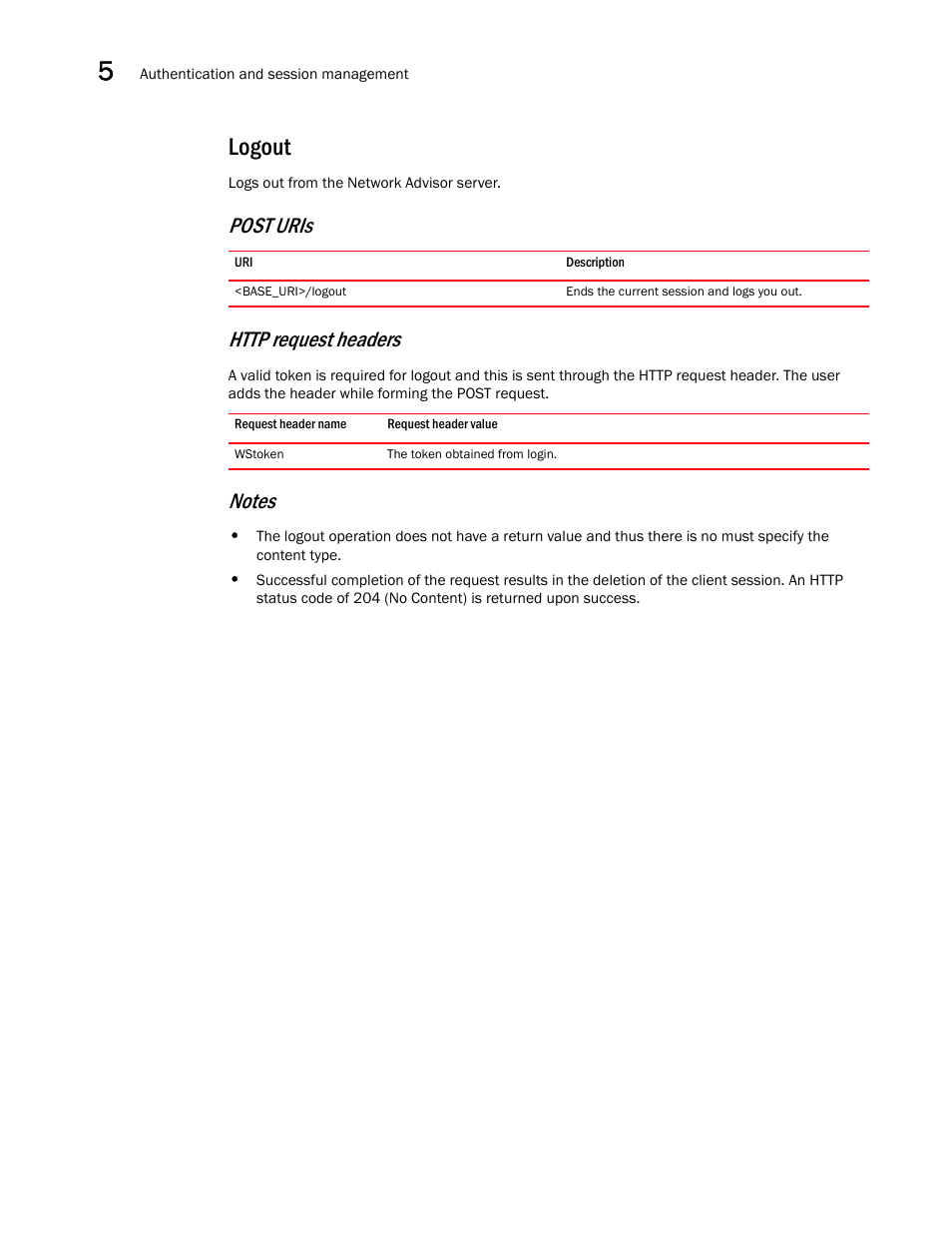 Logout | Brocade Network Advisor REST API Guide (Supporting Network Advisor 12.3.0) User Manual | Page 160 / 190