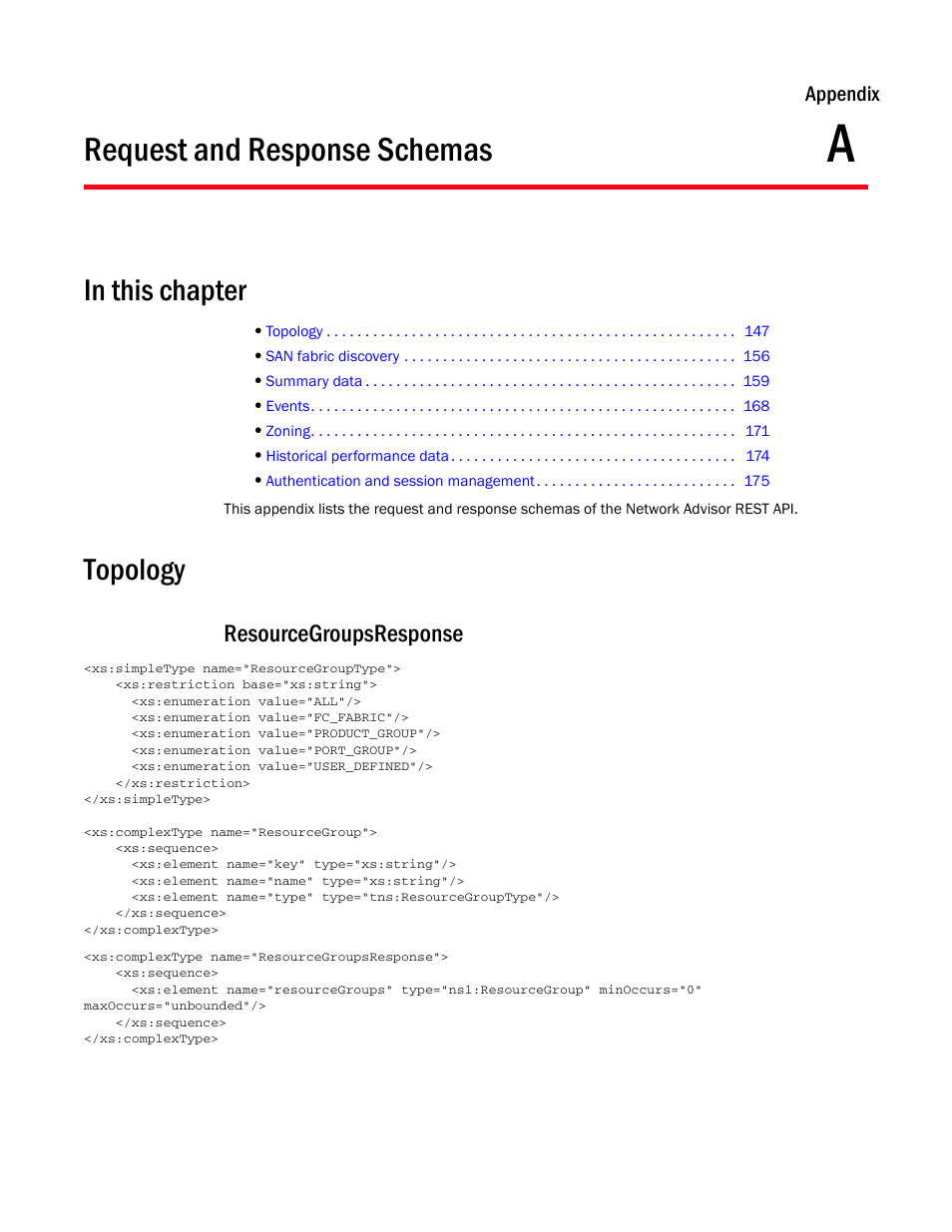 Request and response schemas, Topology, Resourcegroupsresponse | Appendix a, Appendix a, “request and response schemas, Appendix | Brocade Network Advisor REST API Guide (Supporting Network Advisor 12.3.0) User Manual | Page 161 / 190