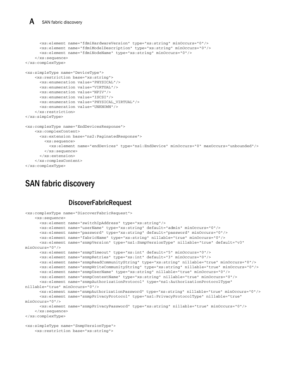 San fabric discovery, Discoverfabricrequest | Brocade Network Advisor REST API Guide (Supporting Network Advisor 12.3.0) User Manual | Page 170 / 190