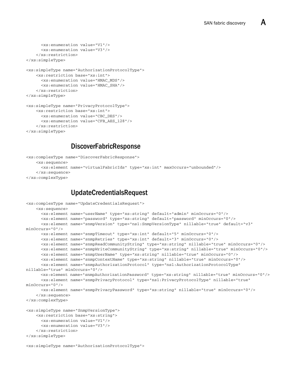 Discoverfabricresponse, Updatecredentialsrequest | Brocade Network Advisor REST API Guide (Supporting Network Advisor 12.3.0) User Manual | Page 171 / 190