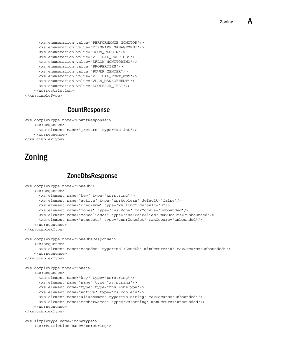 Countresponse, Zoning, Zonedbsresponse | Brocade Network Advisor REST API Guide (Supporting Network Advisor 12.3.0) User Manual | Page 185 / 190