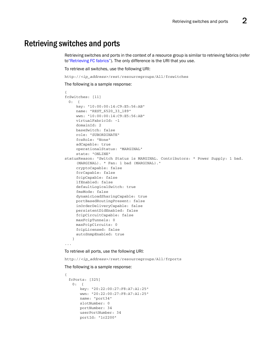 Retrieving switches and ports | Brocade Network Advisor REST API Guide (Supporting Network Advisor 12.3.0) User Manual | Page 25 / 190