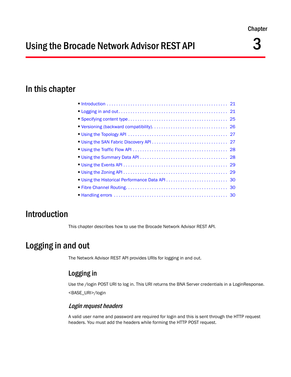 Using the brocade network advisor rest api, Introduction, Logging in and out | Logging in, Chapter 3, Login request headers | Brocade Network Advisor REST API Guide (Supporting Network Advisor 12.3.0) User Manual | Page 35 / 190