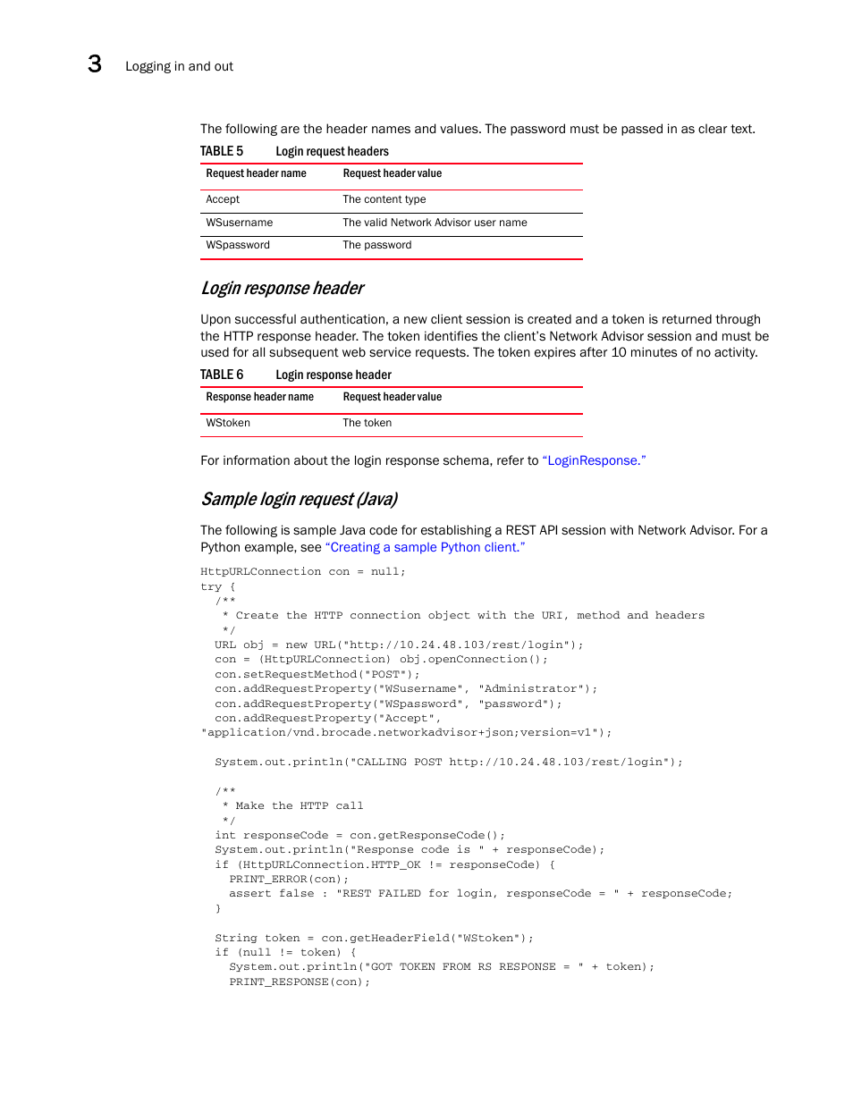 Login response header, Sample login request (java) | Brocade Network Advisor REST API Guide (Supporting Network Advisor 12.3.0) User Manual | Page 36 / 190