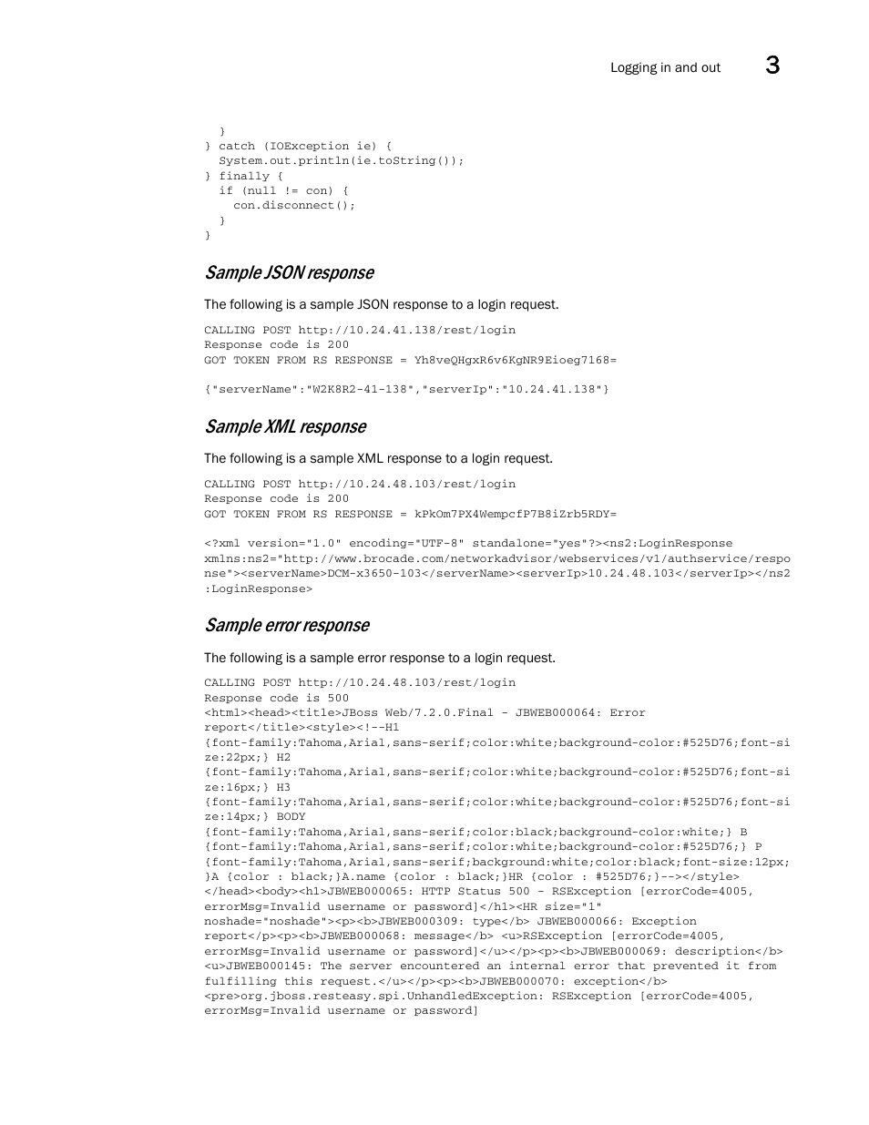 Sample json response, Sample xml response, Sample error response | Brocade Network Advisor REST API Guide (Supporting Network Advisor 12.3.0) User Manual | Page 37 / 190