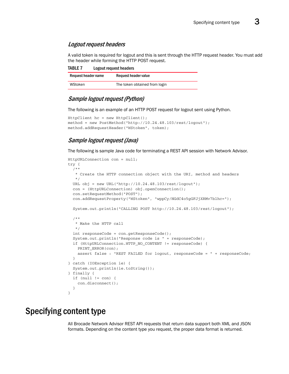 Specifying content type, Logout request headers, Sample logout request (python) | Sample logout request (java) | Brocade Network Advisor REST API Guide (Supporting Network Advisor 12.3.0) User Manual | Page 39 / 190