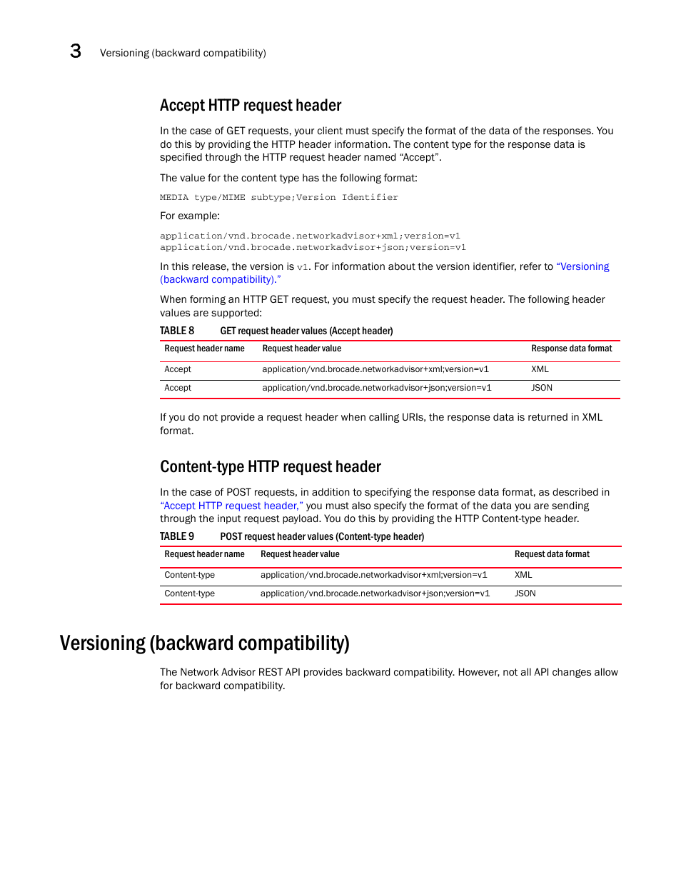 Accept http request header, Content-type http request header, Versioning (backward compatibility) | Brocade Network Advisor REST API Guide (Supporting Network Advisor 12.3.0) User Manual | Page 40 / 190