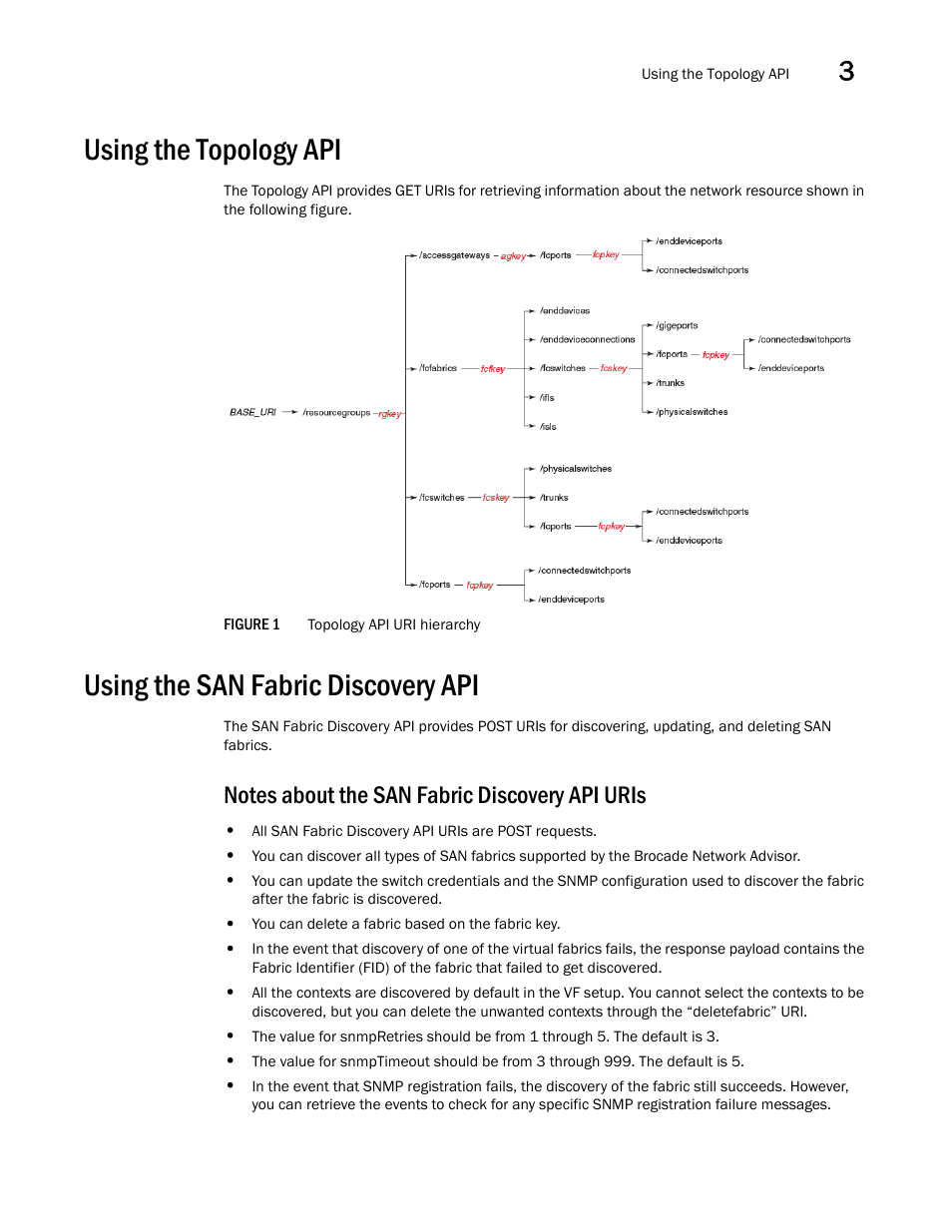 Using the topology api, Using the san fabric discovery api, Notes about the san fabric discovery api uris | Brocade Network Advisor REST API Guide (Supporting Network Advisor 12.3.0) User Manual | Page 41 / 190