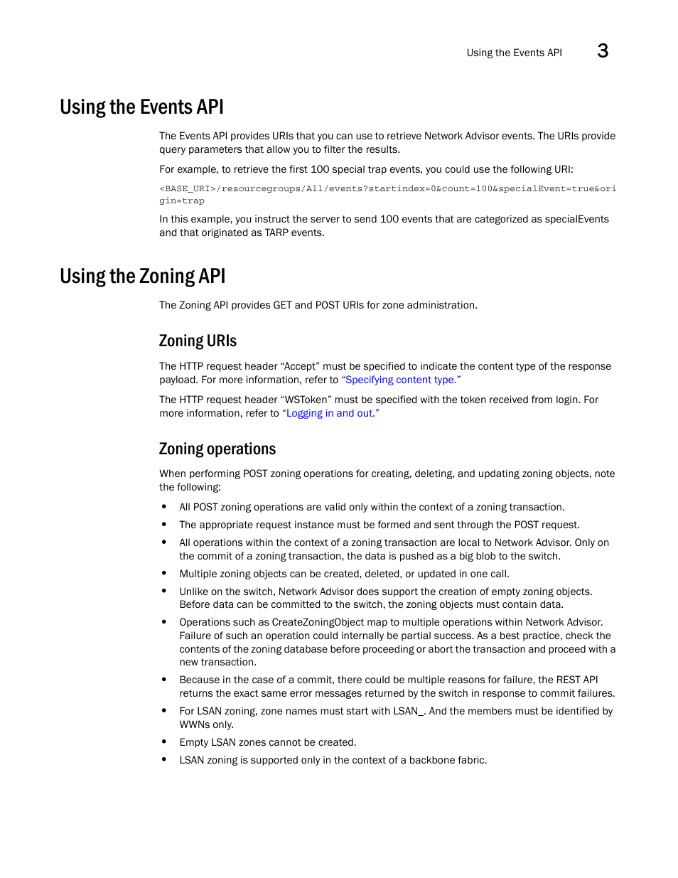 Using the events api, Using the zoning api, Zoning uris | Zoning operations | Brocade Network Advisor REST API Guide (Supporting Network Advisor 12.3.0) User Manual | Page 43 / 190