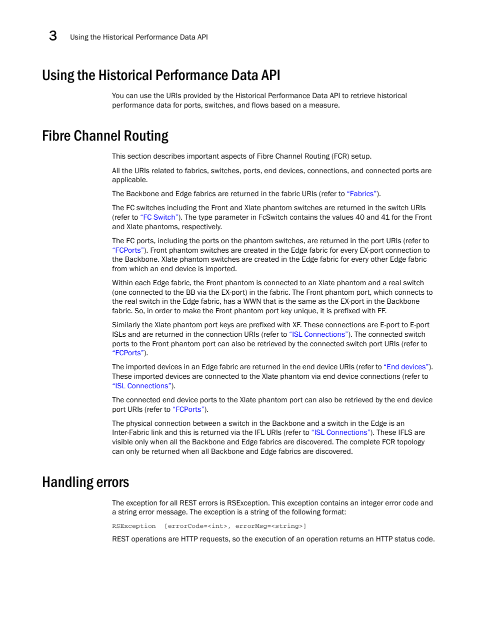 Using the historical performance data api, Fibre channel routing, Handling errors | Brocade Network Advisor REST API Guide (Supporting Network Advisor 12.3.0) User Manual | Page 44 / 190