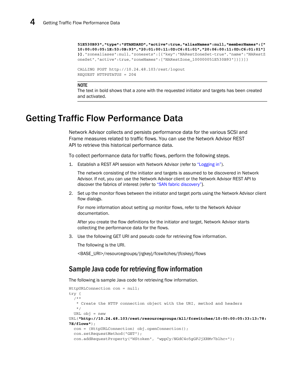 Getting traffic flow performance data, Sample java code for retrieving flow information | Brocade Network Advisor REST API Guide (Supporting Network Advisor 12.3.0) User Manual | Page 54 / 190