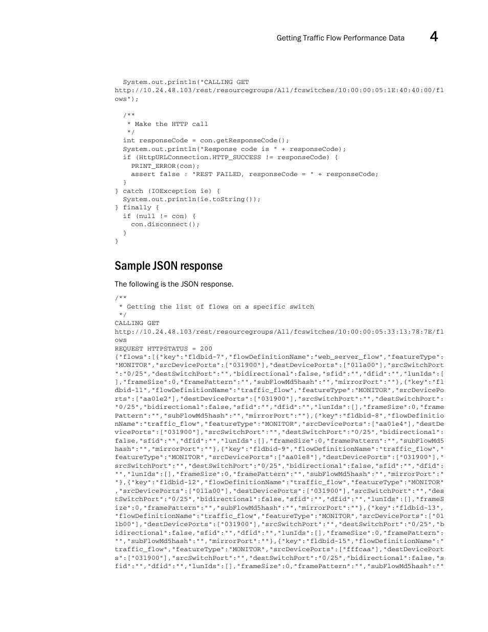 Sample json response | Brocade Network Advisor REST API Guide (Supporting Network Advisor 12.3.0) User Manual | Page 55 / 190