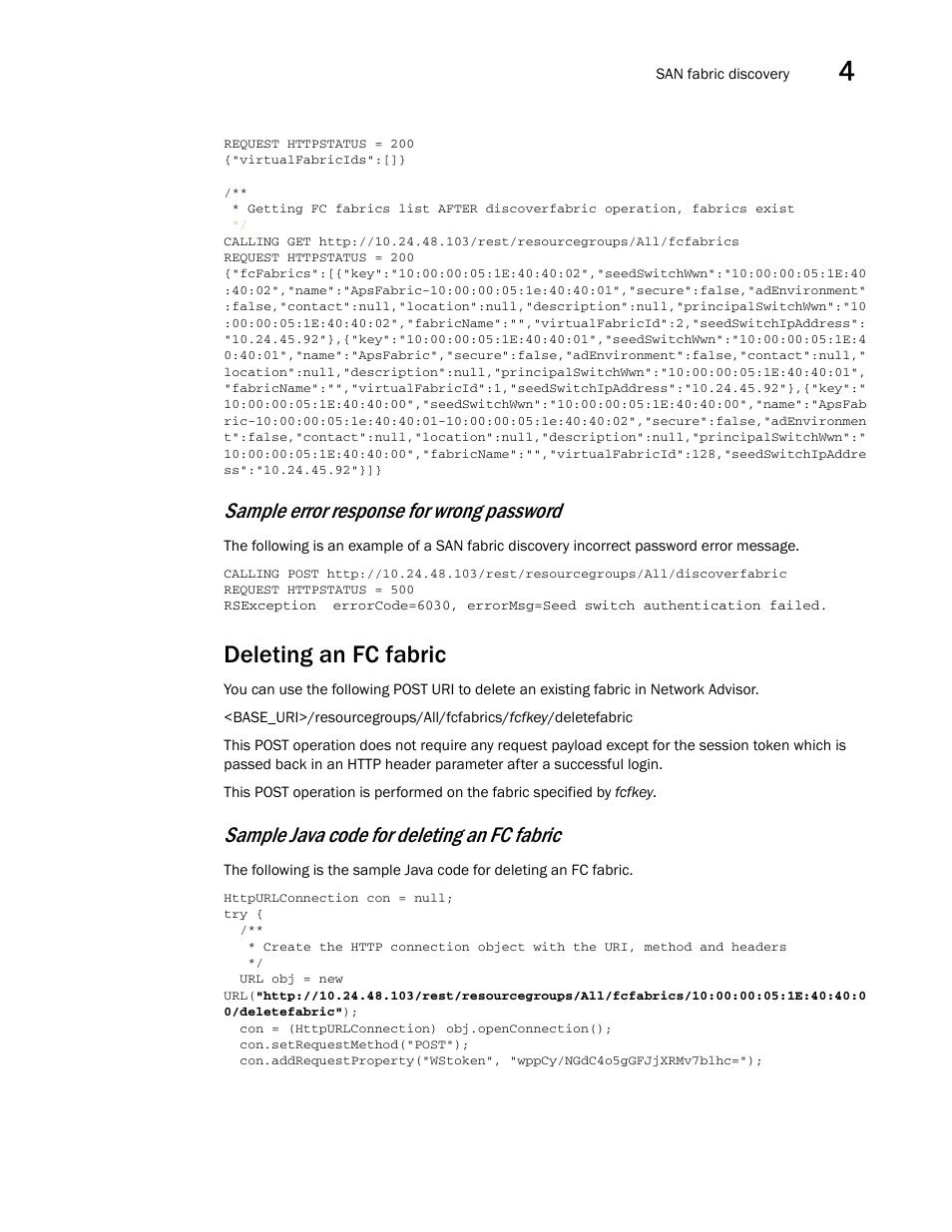 Deleting an fc fabric, Sample error response for wrong password, Sample java code for deleting an fc fabric | Brocade Network Advisor REST API Guide (Supporting Network Advisor 12.3.0) User Manual | Page 61 / 190