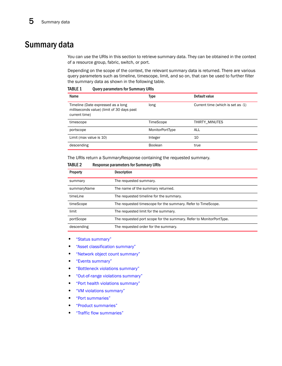 Summary data | Brocade Network Advisor REST API Guide (Supporting Network Advisor 12.3.0) User Manual | Page 94 / 190