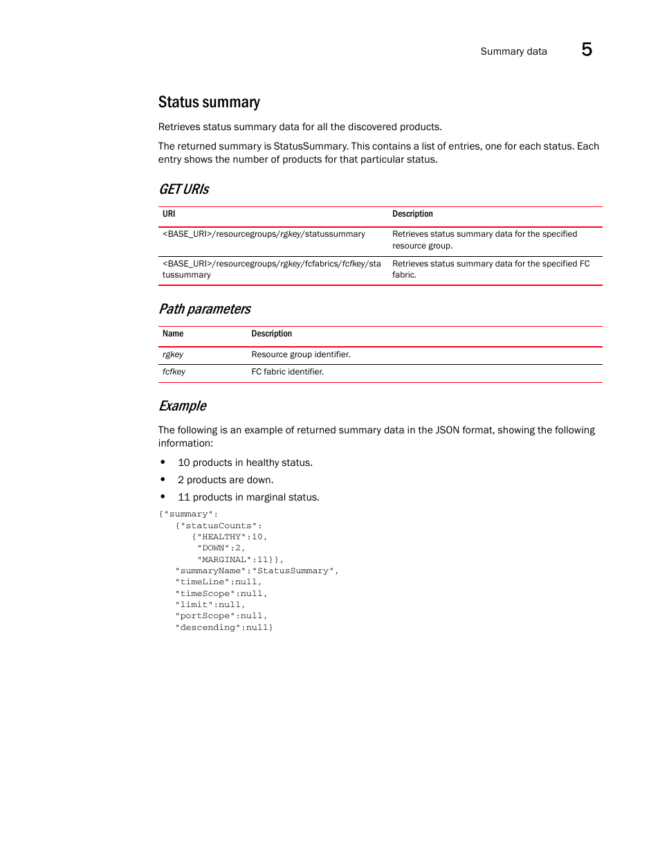 Status summary, Get uris path parameters example | Brocade Network Advisor REST API Guide (Supporting Network Advisor 12.3.0) User Manual | Page 95 / 190