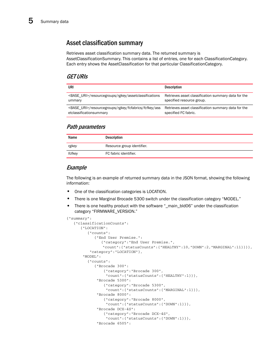 Asset classification summary, Get uris path parameters example | Brocade Network Advisor REST API Guide (Supporting Network Advisor 12.3.0) User Manual | Page 96 / 190