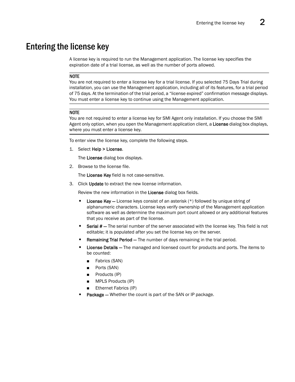 Entering the license key | Brocade Network Advisor SAN + IP User Manual v12.1.0 User Manual | Page 102 / 2389