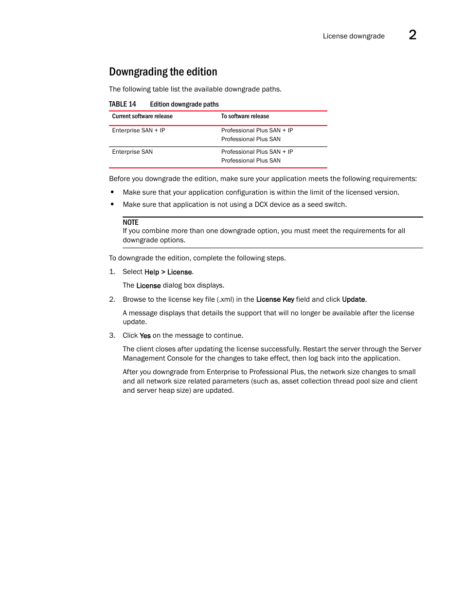 Downgrading the edition | Brocade Network Advisor SAN + IP User Manual v12.1.0 User Manual | Page 106 / 2389