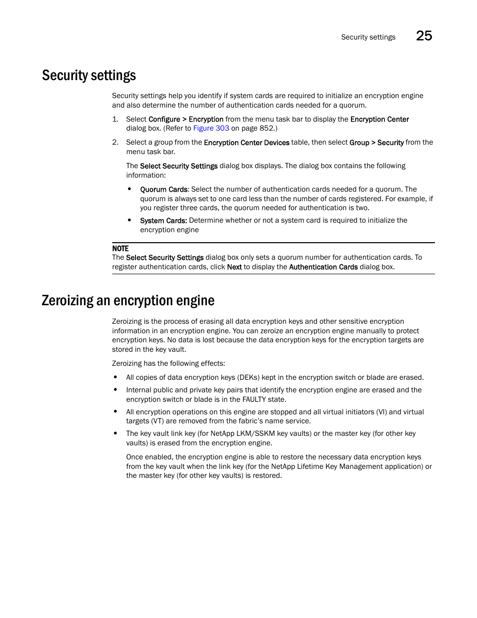 Security settings, Zeroizing an encryption engine, Security settings 9 | Zeroizing an encryption engine 9 | Brocade Network Advisor SAN + IP User Manual v12.1.0 User Manual | Page 1063 / 2389