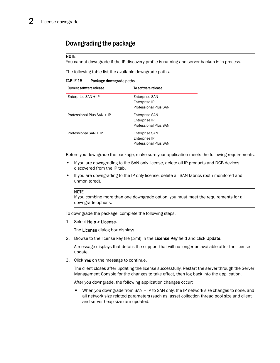 Downgrading the package | Brocade Network Advisor SAN + IP User Manual v12.1.0 User Manual | Page 107 / 2389