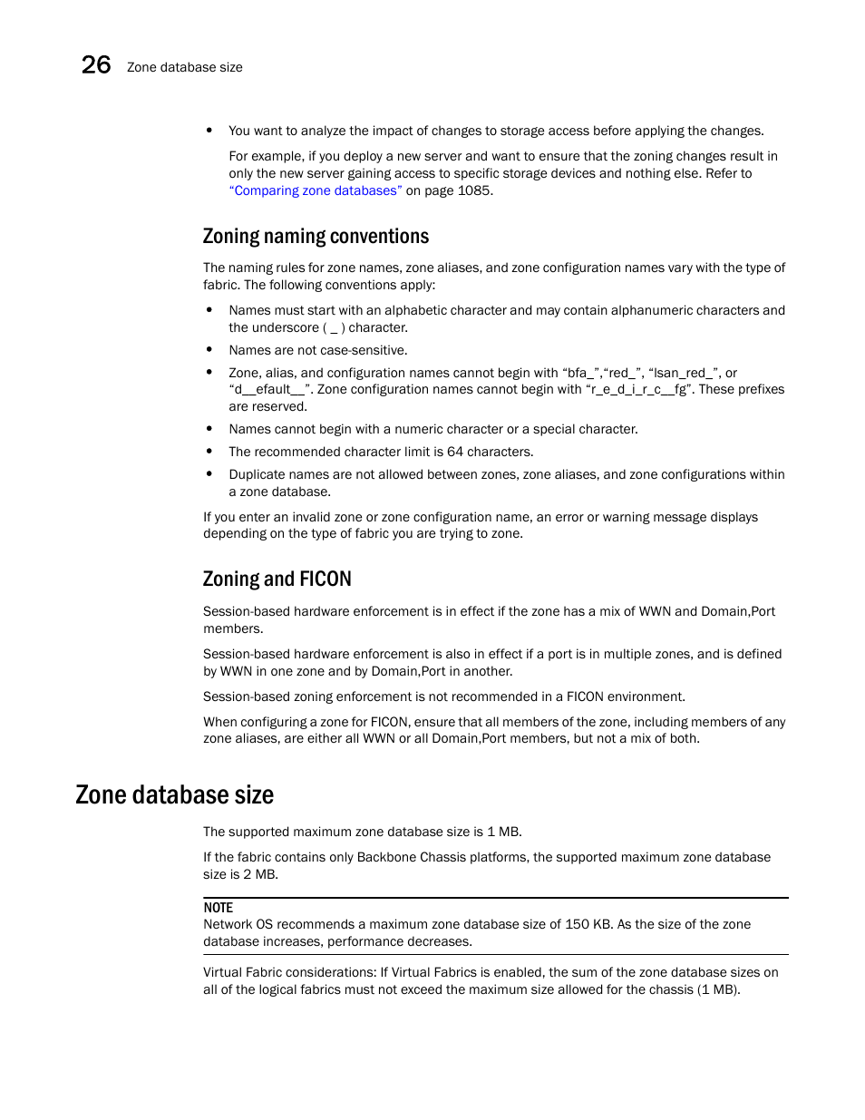 Zoning naming conventions, Zoning and ficon, Zone database size | Zone database size 8 | Brocade Network Advisor SAN + IP User Manual v12.1.0 User Manual | Page 1101 / 2389