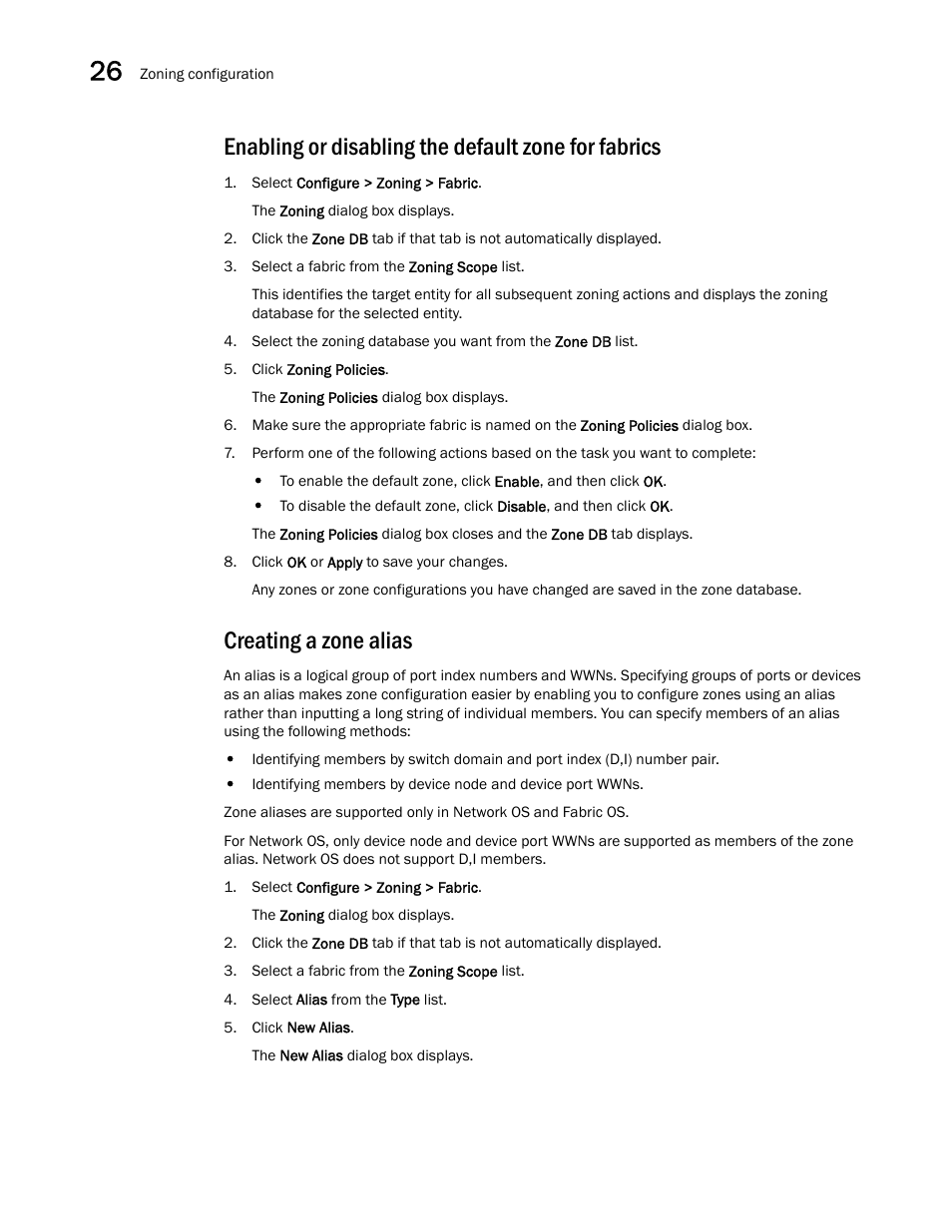 Enabling or disabling the default zone for fabrics, Creating a zone alias | Brocade Network Advisor SAN + IP User Manual v12.1.0 User Manual | Page 1109 / 2389