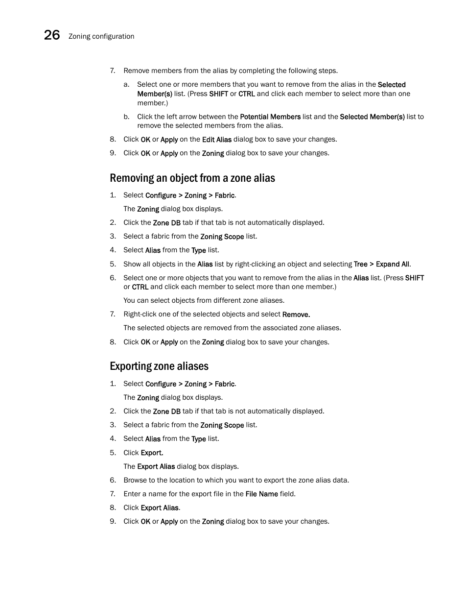 Removing an object from a zone alias, Exporting zone aliases | Brocade Network Advisor SAN + IP User Manual v12.1.0 User Manual | Page 1111 / 2389
