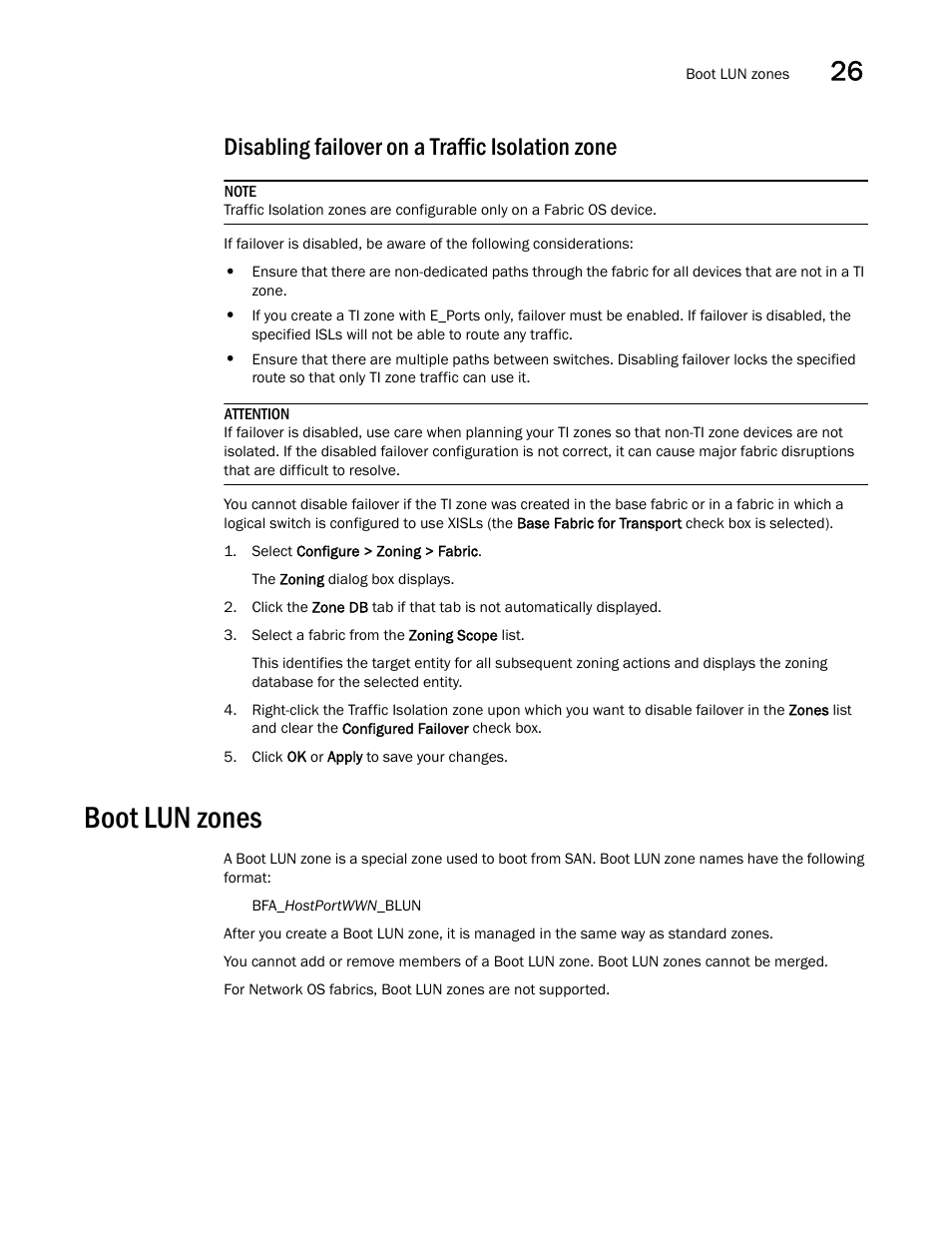 Disabling failover on a traffic isolation zone, Boot lun zones, Boot lun zones 3 | Brocade Network Advisor SAN + IP User Manual v12.1.0 User Manual | Page 1136 / 2389