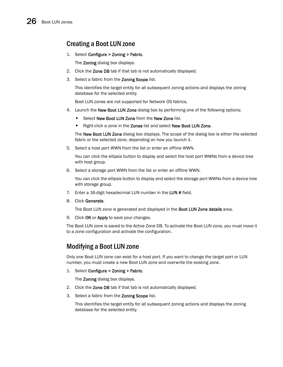 Creating a boot lun zone, Modifying a boot lun zone | Brocade Network Advisor SAN + IP User Manual v12.1.0 User Manual | Page 1137 / 2389