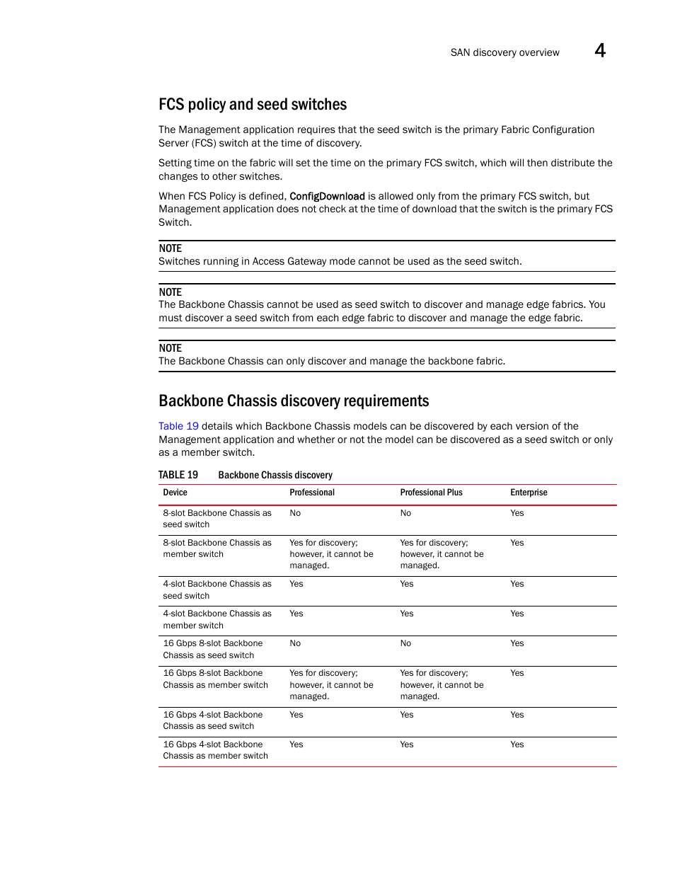 Fcs policy and seed switches, Backbone chassis discovery requirements | Brocade Network Advisor SAN + IP User Manual v12.1.0 User Manual | Page 116 / 2389