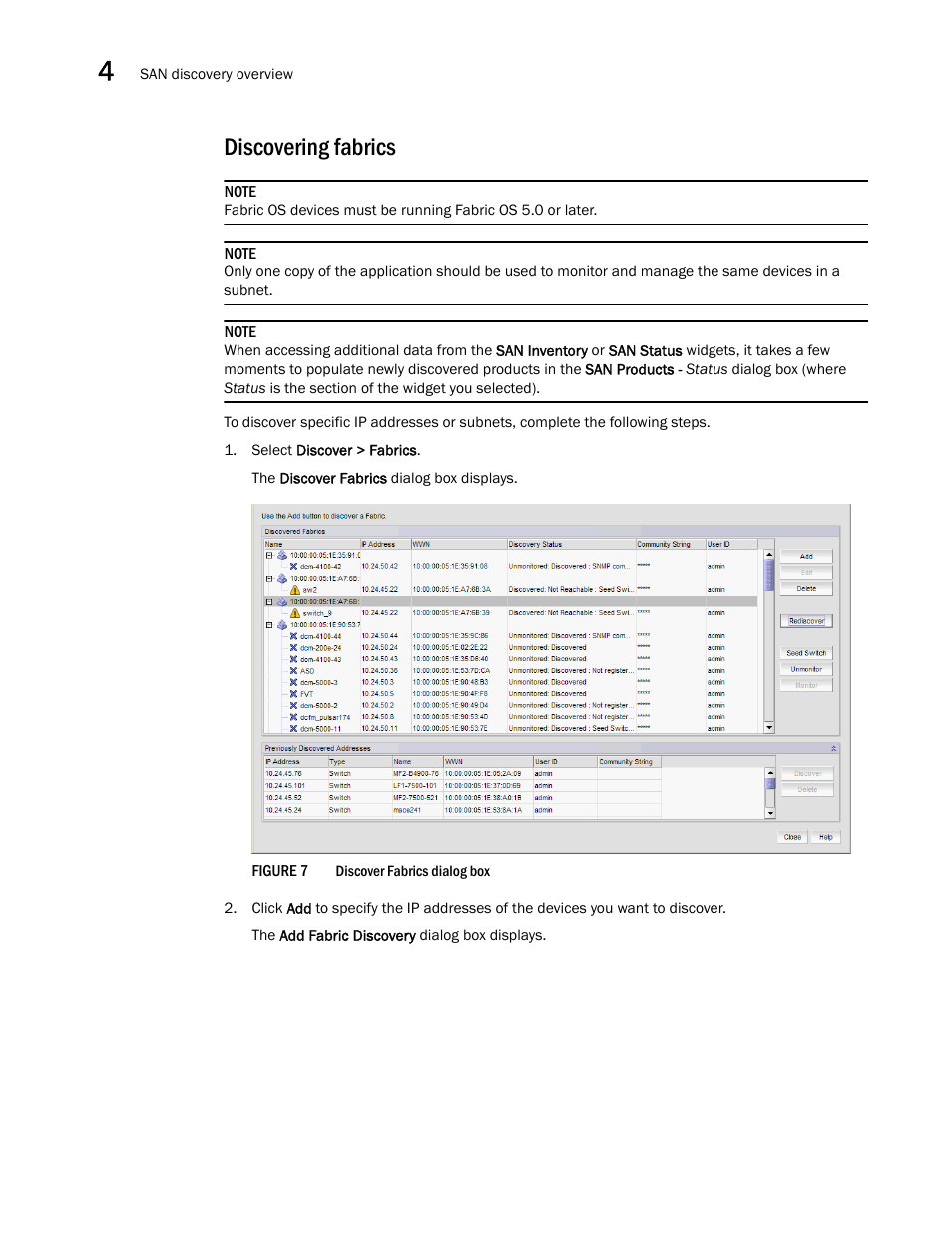 Discovering fabrics | Brocade Network Advisor SAN + IP User Manual v12.1.0 User Manual | Page 117 / 2389