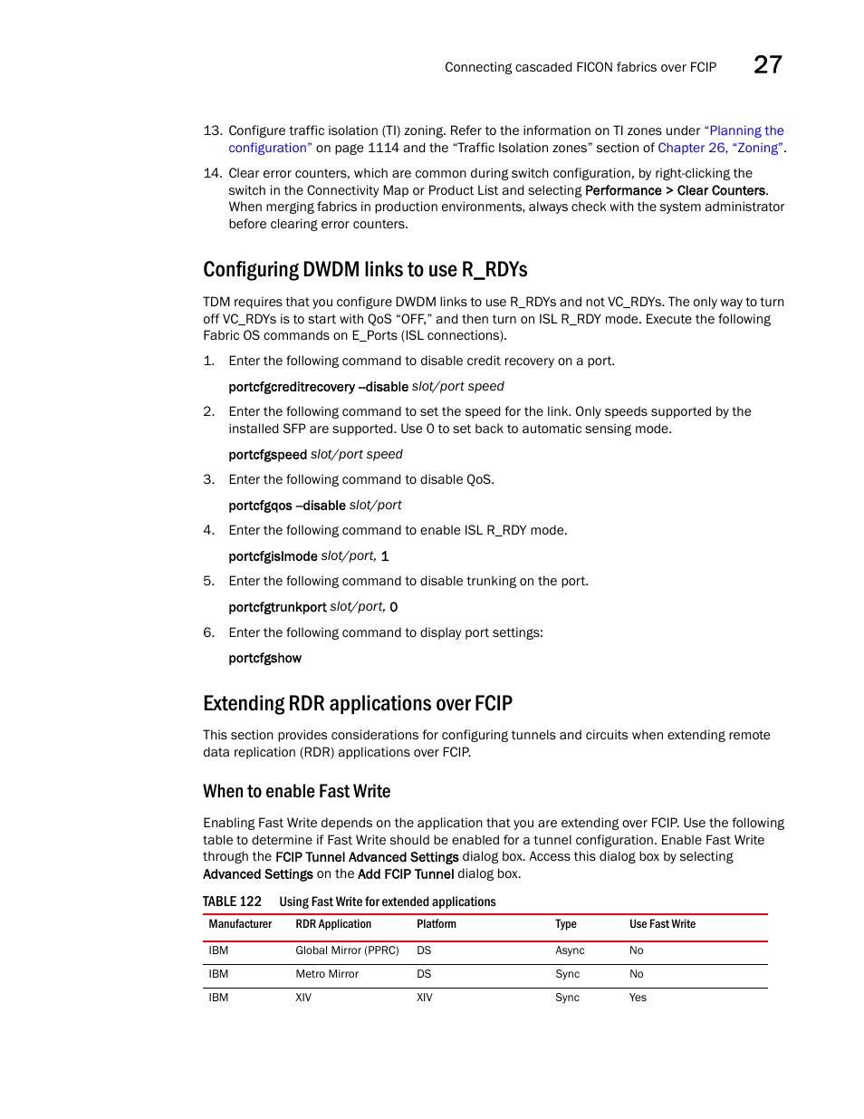 Configuring dwdm links to use r_rdys, Extending rdr applications over fcip, When to enable fast write | Ocedures under, Configuring, Dwdm links to use r_rdys | Brocade Network Advisor SAN + IP User Manual v12.1.0 User Manual | Page 1170 / 2389