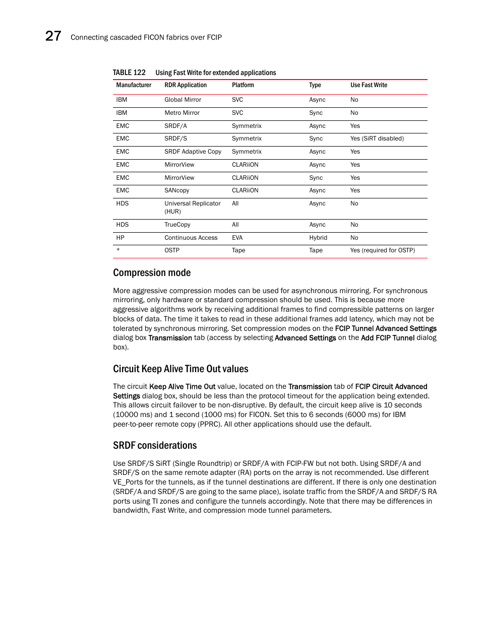 Compression mode, Circuit keep alive time out values, Srdf considerations | Brocade Network Advisor SAN + IP User Manual v12.1.0 User Manual | Page 1171 / 2389