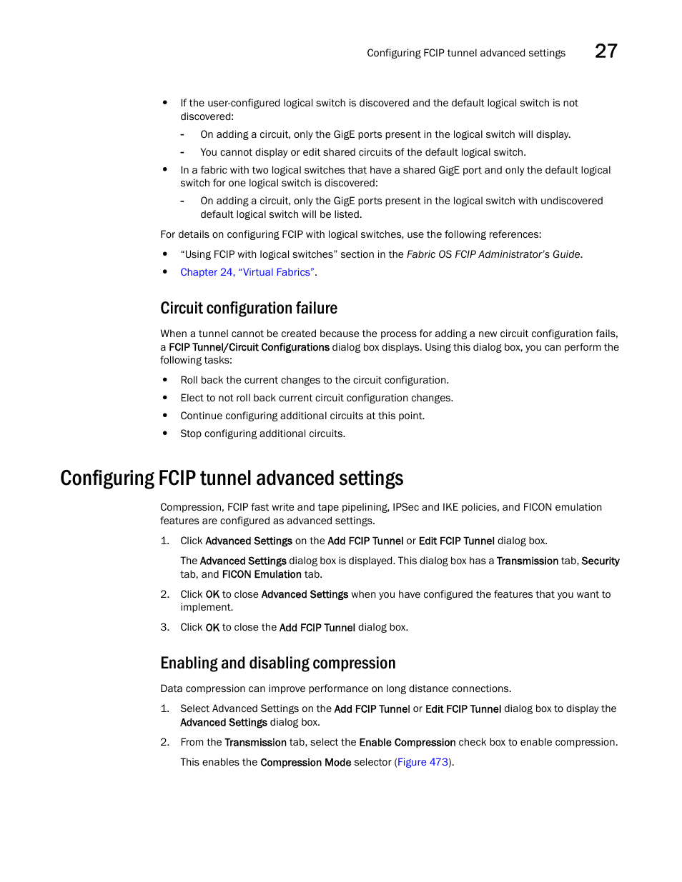 Circuit configuration failure, Configuring fcip tunnel advanced settings, Enabling and disabling compression | Circuit configuration failure 7, Configuring fcip tunnel advanced settings 7 | Brocade Network Advisor SAN + IP User Manual v12.1.0 User Manual | Page 1180 / 2389